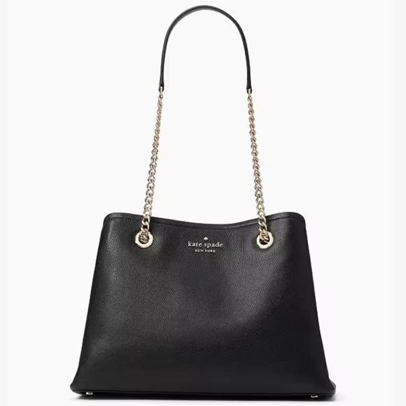 Kate Spade Large Black Leather Tote Bag with Gold Chain Laptop Compartment - Picture 6 of 12